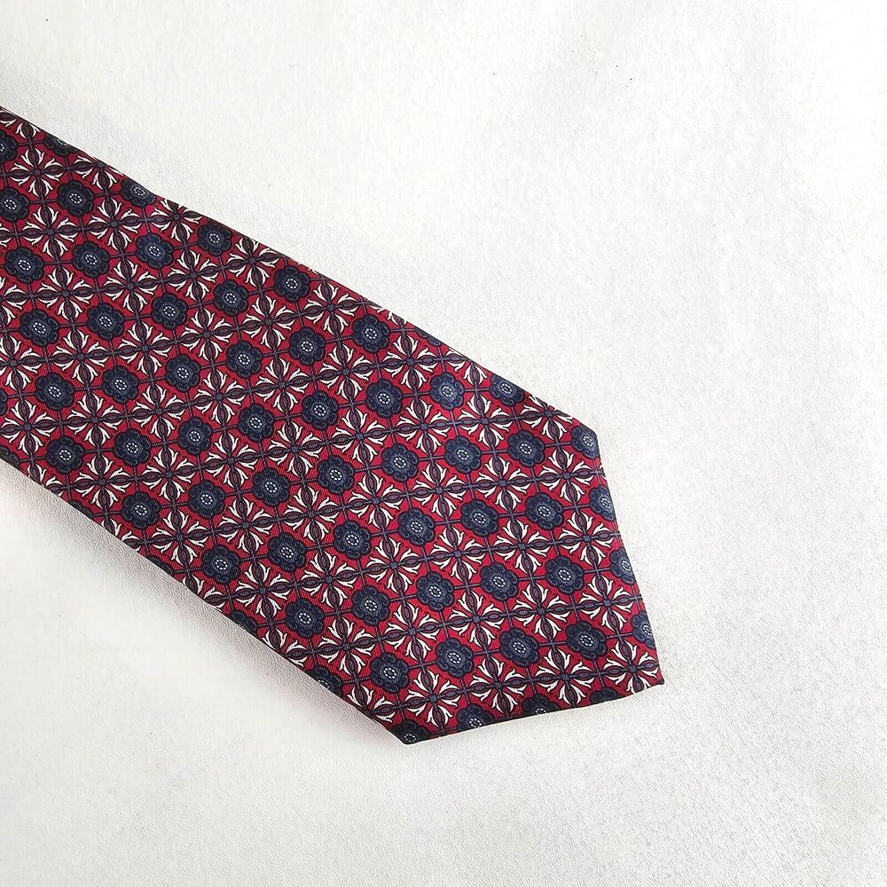 Christian Dior Tie Mens Adjustable Red Necktie Floral Geometric Made in USA Silk